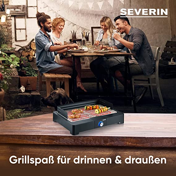 SEVERIN PG 8565 Table Grill with Stainless Steel Grill for Indoor and Outdoor Use, Electric Grill with Quick Grill Start, Balcony Grill without Risk of Burning, Black