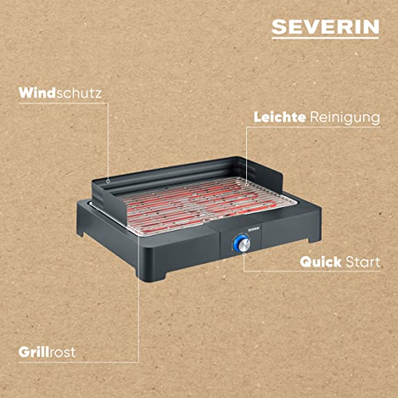 SEVERIN PG 8565 Table Grill with Stainless Steel Grill for Indoor and Outdoor Use, Electric Grill with Quick Grill Start, Balcony Grill without Risk of Burning, Black
